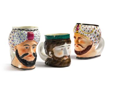View full screen - View 1 of Lot 153. Three Russian Porcelain Figural Mugs, 19th century.