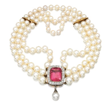 View full screen - View 1 of Lot 266. NATURAL PEARL, CULTURED PEARL, TOURMALINE AND DIAMOND NECKLACE, LATE 19TH CENTURY AND LATER.