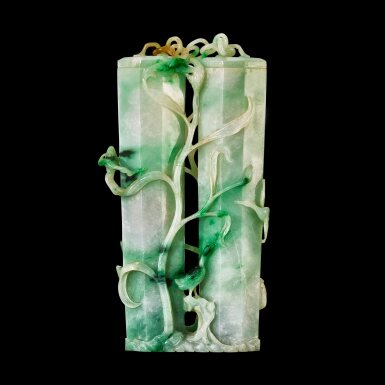 View full screen - View 1 of Lot 115. A jadeite 'quail and millet' double vase and cover, Early 20th Century | 二十世紀初 翠玉浮雕歲歲平安雙聯瓶.