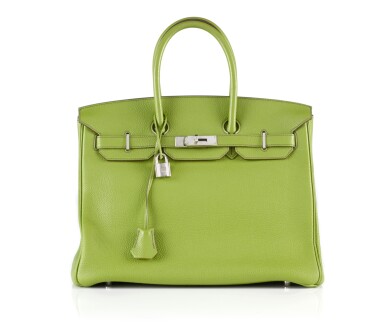 View full screen - View 1 of Lot 10. BIRKIN 35 VERT ANIS COLOUR IN TOGO LEATHER WITH PALLADIUM HARDWARE. HERMÈS, 2011 .