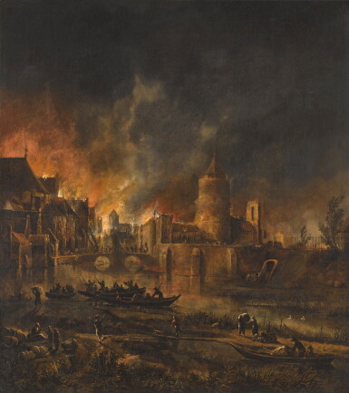 View full screen - View 1 of Lot 62. A river landscape with figures in the foreground and a village on fire in the background.
