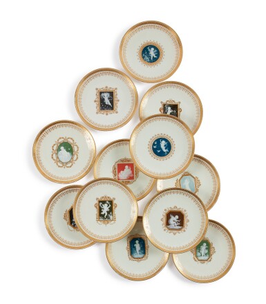 View full screen - View 1 of Lot 368. A HARLEQUIN SET OF TWELVE MINTONS PÂTE-SUR-PÂTE IVORY-GROUND PLATES, CIRCA 1877.