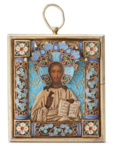 View full screen - View 1 of Lot 208. A miniature silver-gilt and cloisonné icon of Christ Pantocrator, Pavel Ovchinnikov, Moscow, circa 1890.