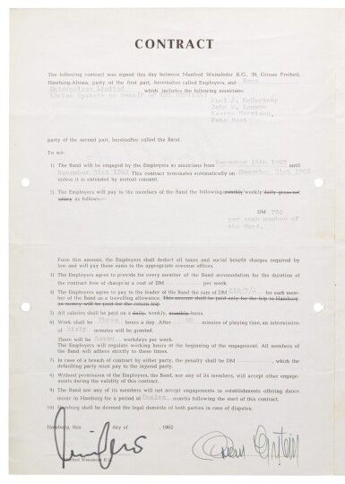 View full screen - View 2 of Lot 170. Epstein, two performance contracts signed for The Beatles at the Star-Club, Hamburg, November-December 1962.