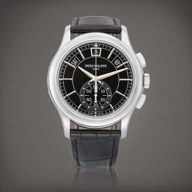 View full screen - View 1 of Lot 2338. Reference 5905 A platinum annual calendar flyback chronograph wristwatch, Circa 2016 | 百達翡麗 | 型號5905 | 鉑金年曆飛返計時腕錶,約2016年製.