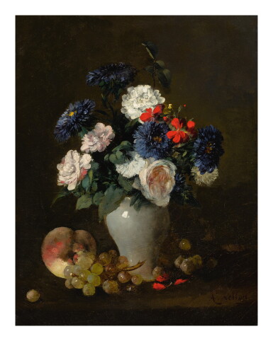 View full screen - View 1 of Lot 4. ANTOINE VOLLON | ASSORTED FLOWERS IN A VASE WITH GRAPES AND A PEACH ON A TABLE.