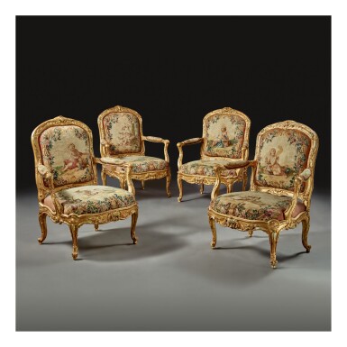 View full screen - View 1 of Lot 180. A SET OF FOUR LATE LOUIS XV GILTWOOD FAUTEUILS A LA REINE AND A CHASSIS, CIRCA 1765.