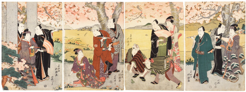 View full screen - View 1 of Lot 123. Shunkosai Hokushu (active 1810- 1832) Actors viewing cherry blossoms, Edo period, 19th century.