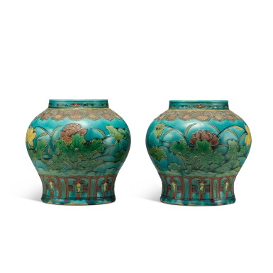 View full screen - View 1 of Lot 205. A pair of fahua 'lotus' jars, Ming dynasty, 17th century.