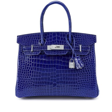View full screen - View 1 of Lot 121. Bleu Electrique Shiny Porosus Crocodile Birkin 30 18K White Gold and Diamond Hardware, 2014.