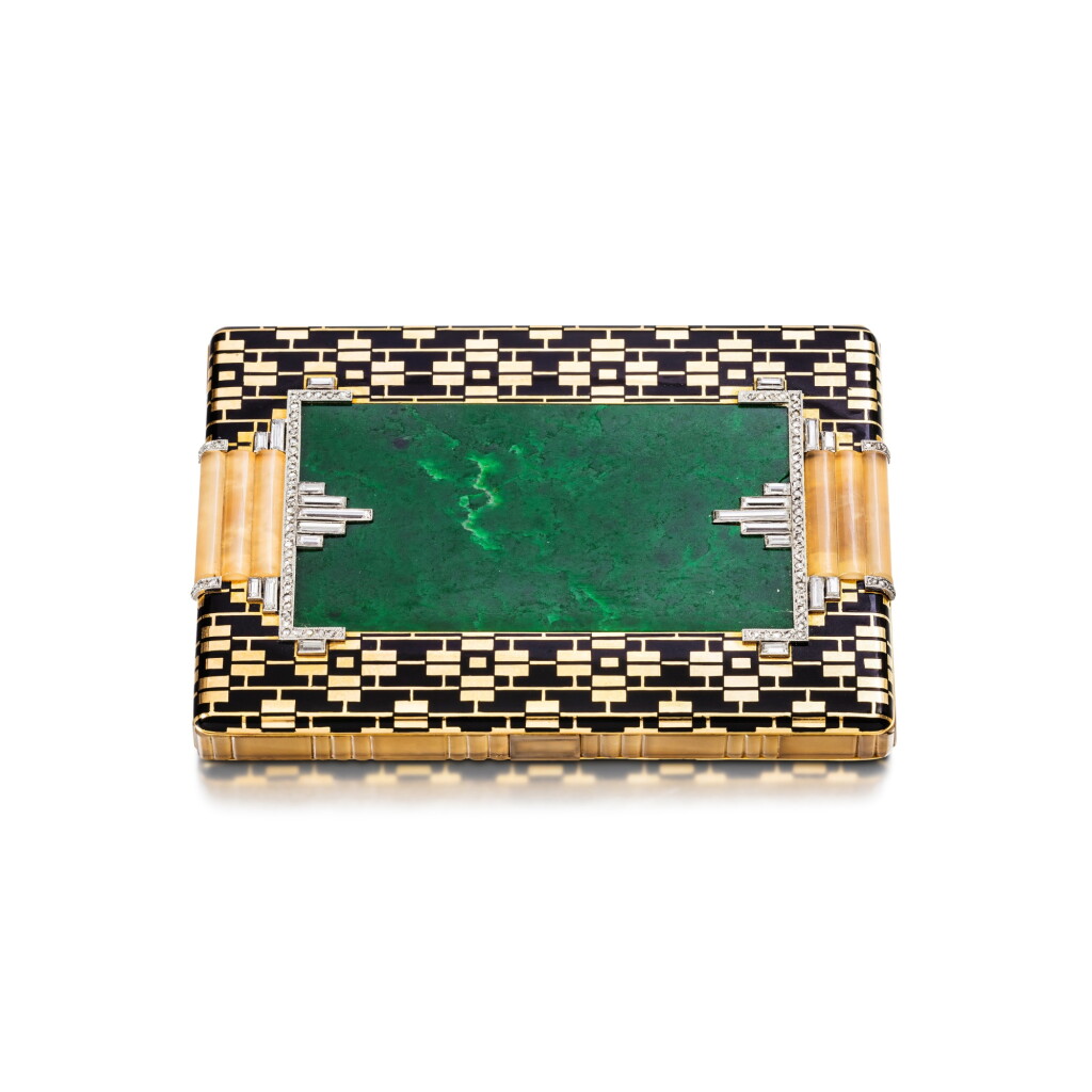 View full screen - View 1 of Lot 112. Jade, agate, enamel and diamond cigarette case .