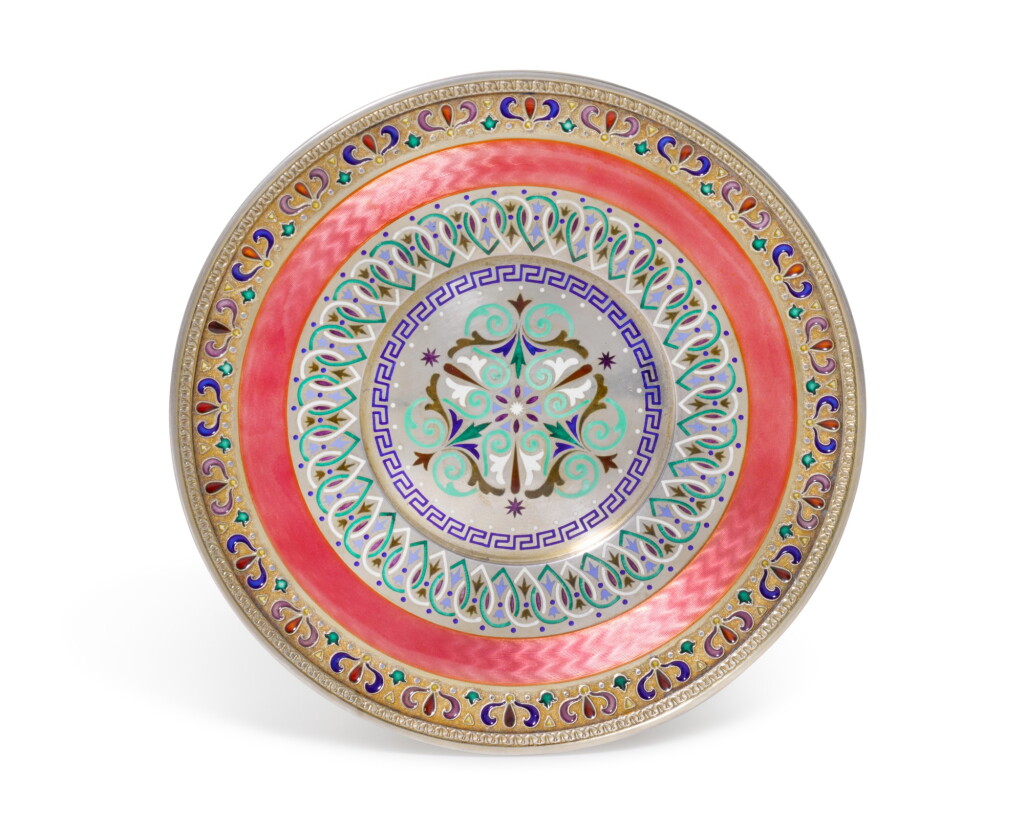 View full screen - View 1 of Lot 119. A SILVER-GILT GUILLOCHÉ, PLIQUE-À-JOUR AND CHAMPLEVÉ ENAMEL PLATE, 11TH ARTEL, MOSCOW, 1908-1917.