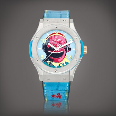 View full screen - View 1 of Lot 948. Classic Fusion "Monkey" | A limited edition titanium wristwatch with date and hand-painted dial, Made to celebrate the year of the monkey in collaboration with Yue Minjun, Circa 2017 | 宇舶 | Classic Fusion "Monkey" | 限量版鈦金屬腕錶,備日期顯示及手繪錶盤,為慶祝猴年與岳敏君合製,約2017年製.
