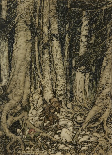 View full screen - View 1 of Lot 359. Arthur Rackham | Original illustration for Rip Van Winkle (they clambered up a narrow gulley), 1904.
