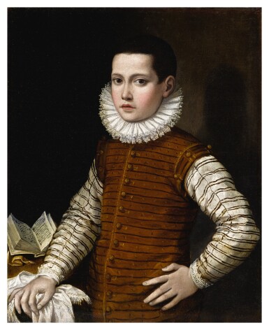 View full screen - View 1 of Lot 15. GERVASIO GATTI | PORTRAIT OF A BOY IN STRIPED DOUBLET AND WHITE RUFF, HIS LEFT ARM ON HIS HIP AND RIGHT RESTING ON A TABLE WITH AN OPEN BOOK, HALF-LENGTH.