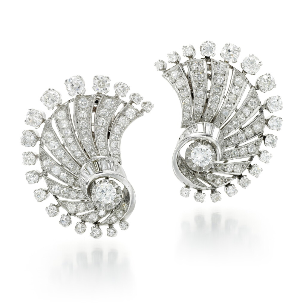 View full screen - View 1 of Lot 24. PAIR OF DIAMOND EAR CLIPS, 1950S.