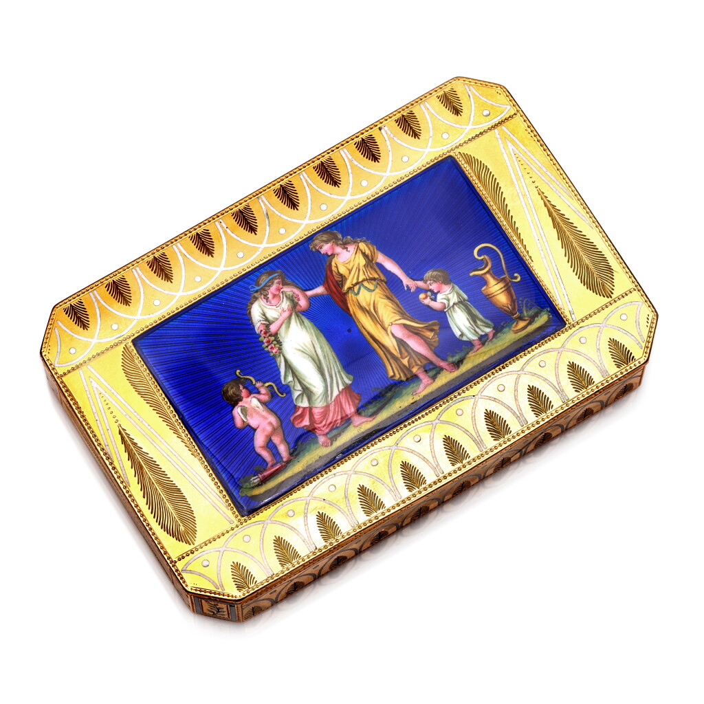View full screen - View 1 of Lot 1157. A gold and enamel snuff box, Freres Jordan, Berlin, circa 1810.