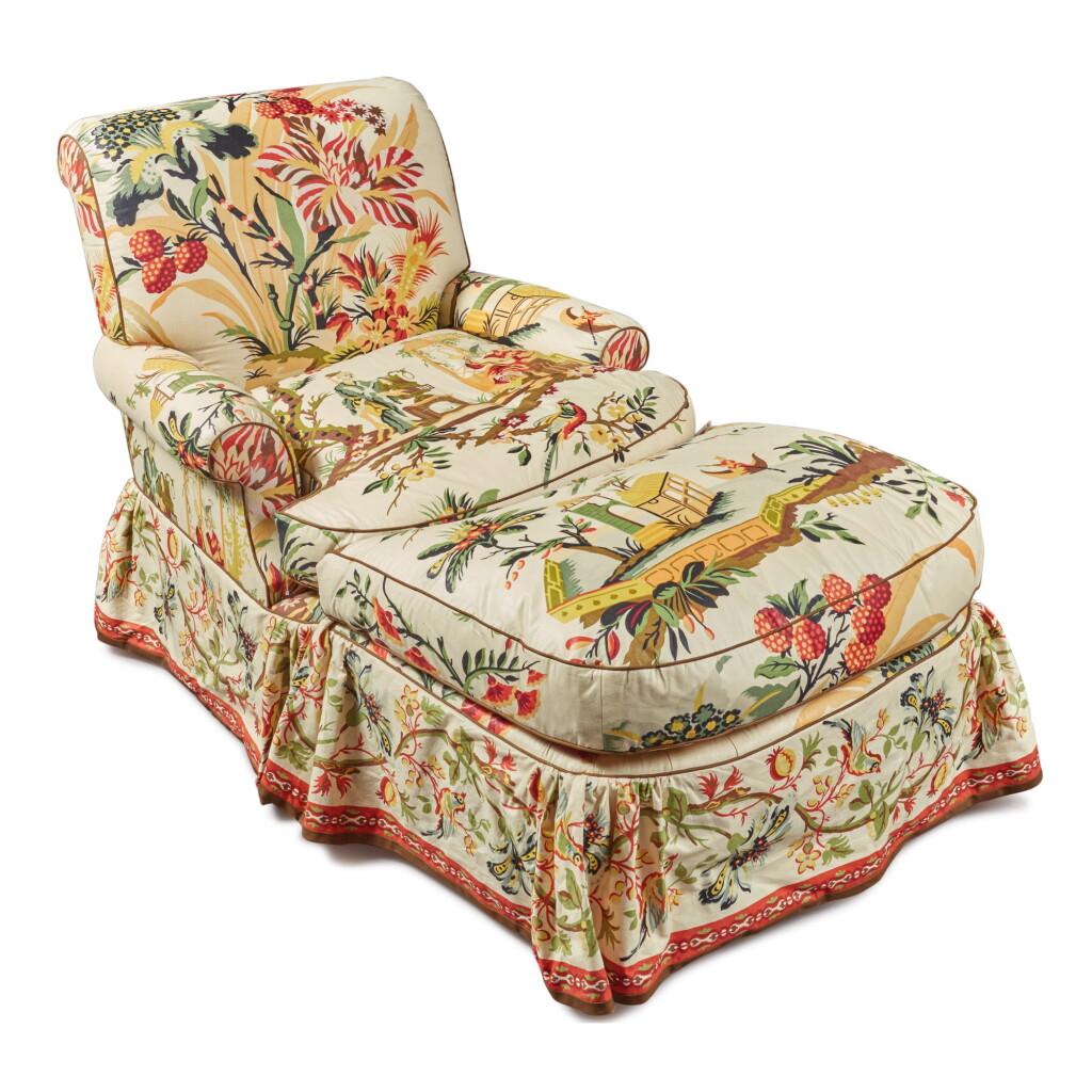 View full screen - View 1 of Lot 924. A MODERN ROSE UPHOLSTERED CLUB CHAIR AND OTTOMAN WITH TWO MATCHING CURTAINS.