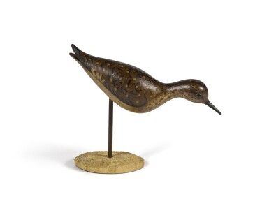 View full screen - View 1 of Lot 98. The Guennol Carved Brown, White and Black Paint-Decorated Sandpiper Decoy, Lathrop Turner Holmes, Kingston, Massachusetts, 1870.