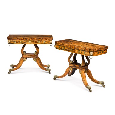 View full screen - View 1 of Lot 141. A pair of Regency calamander, ebony and brass-inlaid card tables, circa 1810, attributed to George Oakley.