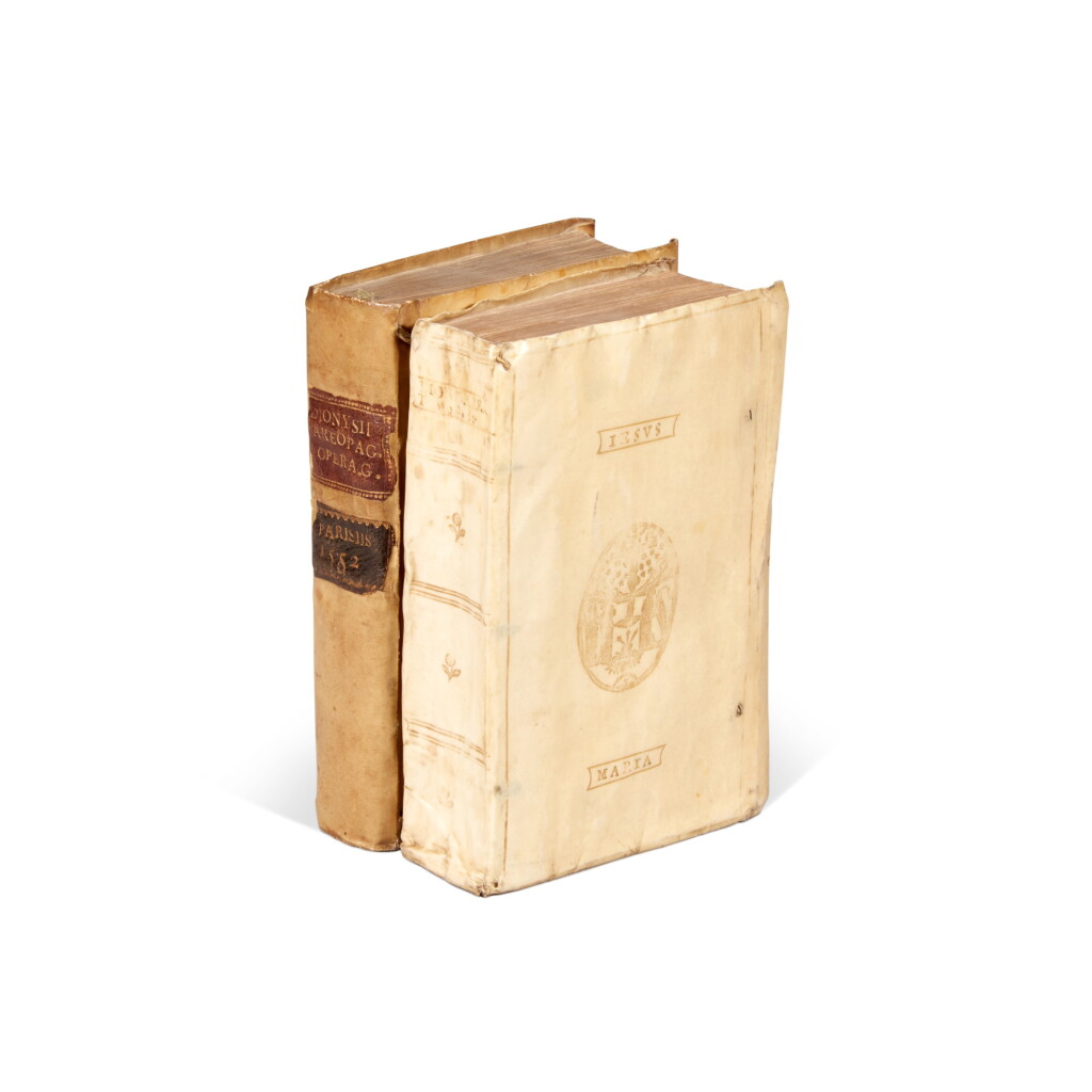 View full screen - View 1 of Lot 1082. Dionysius Areopagita (Pseudo-), Opera quae extant, Paris, 1562, 2 volumes, vellum bindings.