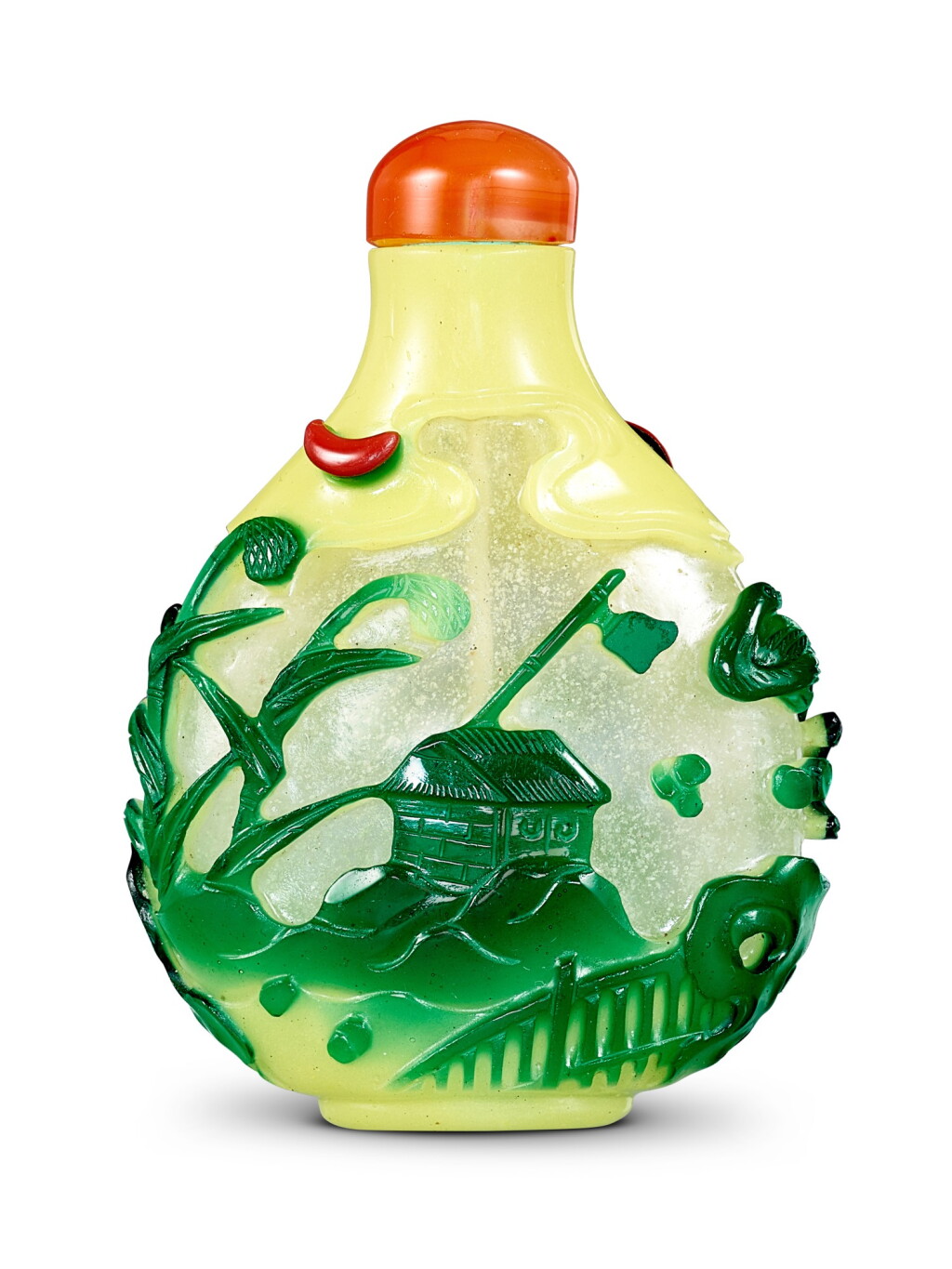 View full screen - View 1 of Lot 1802. A three-colour overlay 'snowflake' glass 'fisherman and ducks' snuff bottle Qing dynasty, 18th century | 清十八世紀 珍珠地套三色料早出暮歸圖鼻煙壺.