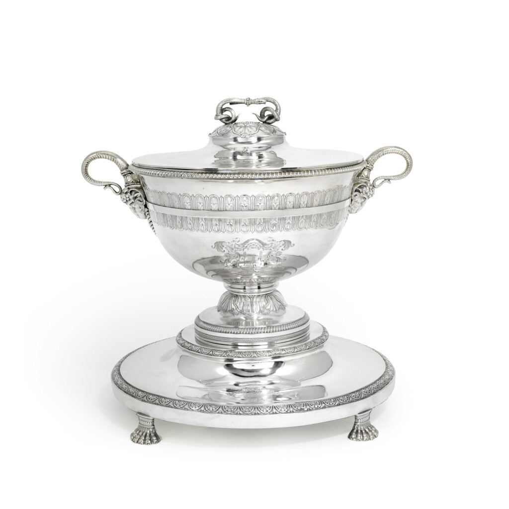 View full screen - View 1 of Lot 80. A George III silver soup tureen and stand, Robert Sharp, London, 1801.