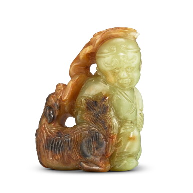 View full screen - View 1 of Lot 480. A yellow and russet jade 'foreigner and lion' group, Ming - Qing dynasty 明至清 黃玉胡人戲獅.