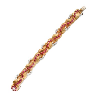 View full screen - View 1 of Lot 83. GOLD, RUBY AND DIAMOND BRACELET.