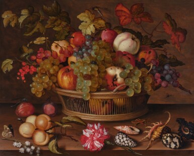 View full screen - View 1 of Lot 327. Still Life of Fruit in a Basket with Flowers and Shells Resting on a Table.