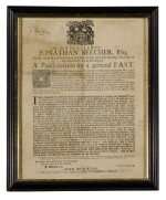 BELCHER, JONATHAN | By His Excellency Jonathan Belcher, Esq; ... A Proclamation for a general Fast... Boston: Printed by J. Draper, printer to His Excellency the Governour and Council, 1740