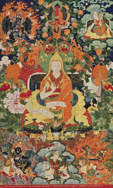 View full screen - View 1 of Lot 193. A THANGKA DEPICTING THE SIXTH PANCHEN LAMA, LOBZANG PALDEN YESHE TIBET, LATE 18TH CENTURY | 十八世紀晚期 藏傳班禪喇嘛源流-六世班禪羅桑班丹益西貝桑布唐卡.