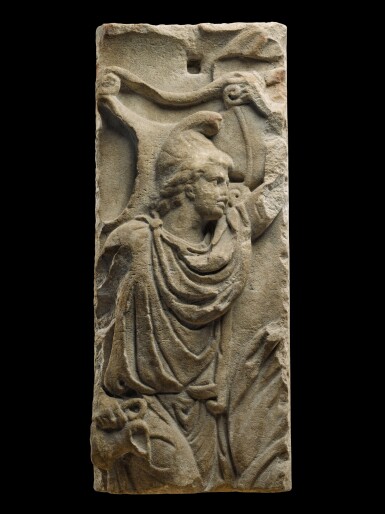 View full screen - View 1 of Lot 22. A Roman Marble Sarcophagus Relief Fragment, circa 180 A.D..