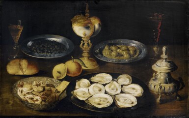 View full screen - View 1 of Lot 20. ATTRIBUTED TO OSIAS BEERT AND STUDIO | STILL LIFE WITH OYSTERS AND OLIVES ON TIN PLATES, TOGETHER WITH A SILVER SPICE BOX, A NAUTILUS CUP AND A WAN-LI BOWL WITH SUGARED COOKIES.
