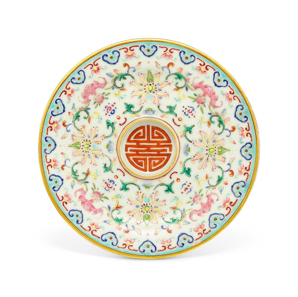 View full screen - View 1 of Lot 501. A FAMILLE-ROSE 'LOTUS' CUPSTAND SEAL MARK AND PERIOD OF DAOGUANG | 清道光 粉彩福壽延年盃托 《大清道光年製》款.