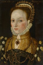 Portrait of a lady, bust-length, wearing an elaborate jewelled headpiece, and embroidered dress and chemise