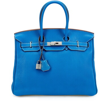 View full screen - View 1 of Lot 6060. Limited Edition Bleu Mykonos and White Clemence Birkin 35 Palladium Hardware, 2011.