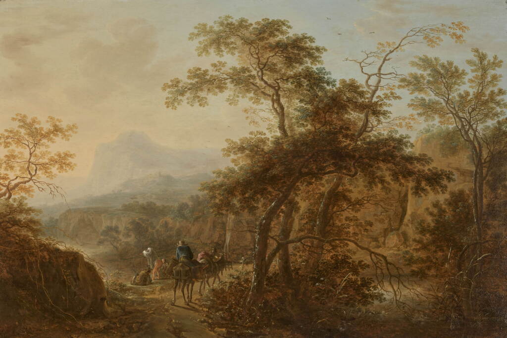 View full screen - View 1 of Lot 638. Travellers on a wooded path by a river and bathers in a mountainous landscape.