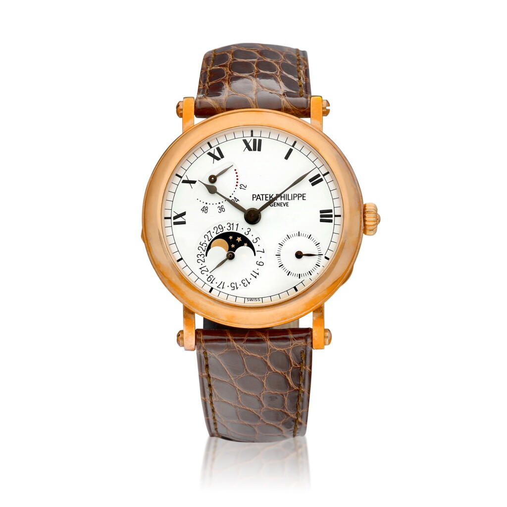 View full screen - View 1 of Lot 2193. Reference 5054 | A pink gold wristwatch with date, moon phases and power reserve indication, Circa 2003 | 百達翡麗 | 型號5054 | 粉紅金腕錶,備日期、月相及動力儲備顯示,約2003年製.