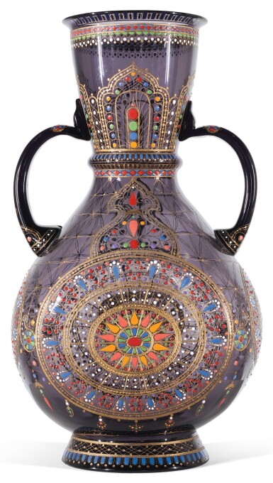 View full screen - View 1 of Lot 233. A LARGE J. & L. LOBMEYR ETCHED, GILDED AND ENAMELLED TWO-HANDLED PURPLE GLASS VASE, SIGNED WITH MONOGRAM, VIENNA, LATE 19TH CENTURY.