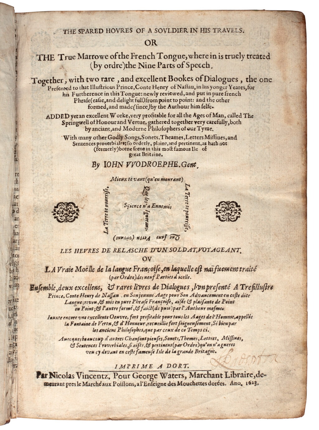 View full screen - View 1 of Lot 79. WODROPHE | Spared houres, 1623, contemporary Scottish thistle binding.