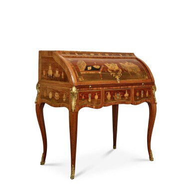 View full screen - View 1 of Lot 22. A Louis XV Gilt-Bronze Mounted Kingwood, Tulipwood and Marquetry Cylinder Desk by Roussel, Circa 1760.