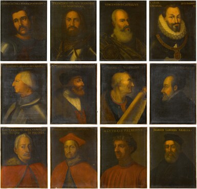View full screen - View 1 of Lot 75. A set of 12 historical portraits comprising: Sciarra Colonna (1270-1329); King Alfonso I of Naples (1396–1458); Matteo Palmieri (1406-75); Francesco I Gonzaga, Marchese di Mantua (1441-84); Andrea Giovanni Lascaris (1445-1534); Amerigo Vespucci (1454-1512); Vincenzo Capello (1469-1541); King Christian II of Denmark (1481-1559); Henry, King of Portugal (1512-80); Louis I de Bourbon, Prince of Condé (1530-69); Jan Zamoyski (1542-1605); Charles Emmanuel I, Duke of Savoy (1580-1630)..