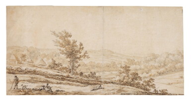 View full screen - View 1 of Lot 42. A mountainous landscape with resting figures near a village.