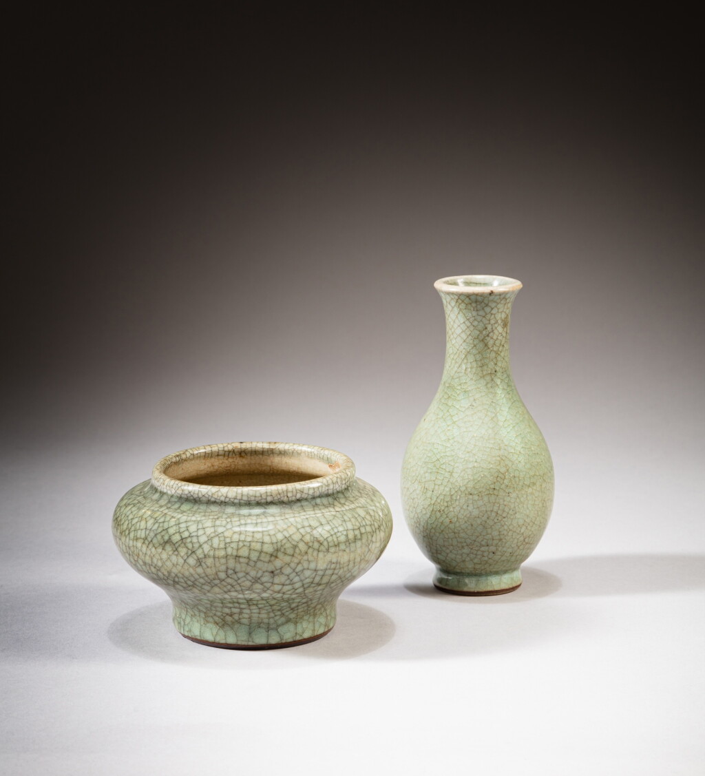View full screen - View 1 of Lot 63. A celadon crackle-glazed vase and censer, Ming dynasty | 明 青釉冰片紋小瓶及香爐 一組兩件.