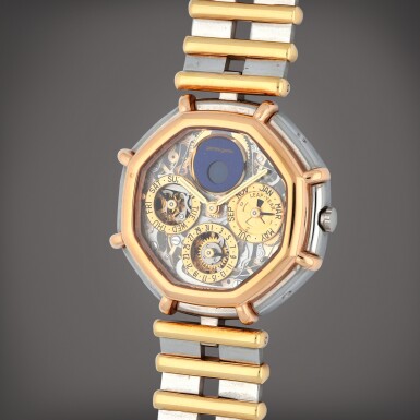 View full screen - View 1 of Lot 403. Octagonal | A stainless steel skeletonised perpetual calendar wristwatch with day, date, lapis lazuli moon phases and leap year indication | Circa 1980.