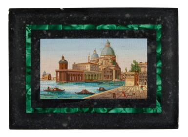 View full screen - View 1 of Lot 192. An Italian Giltwood Framed Malachite Inlaid Micromosaic Panel, Depicting the Grand Canal in Venice, Circa 1870.