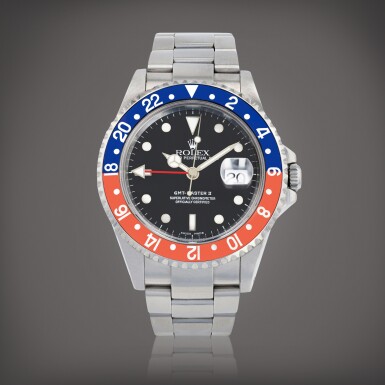 View full screen - View 1 of Lot 368. GMT-Master II 'Pepsi', reference 16710 Montre bracelet à double fuseau horaire en acier avec date | Stainless steel dual time zone wristwatch with date and bracelet Vers 2001 | Circa 2001.