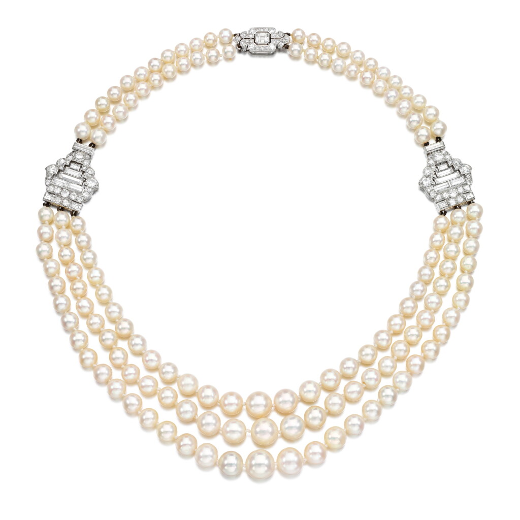 View full screen - View 1 of Lot 276. Natural pearl and diamond necklace, 1930s.