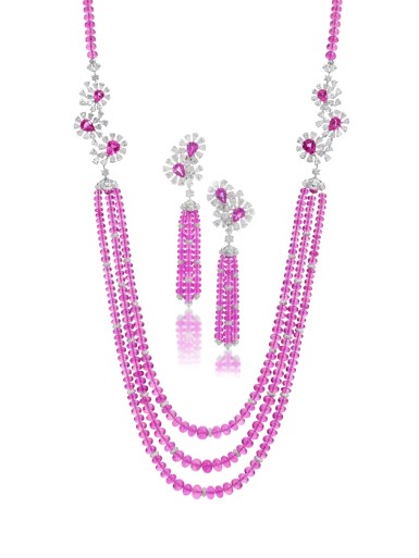 View full screen - View 1 of Lot 126. Pink Sapphire and Diamond Sautoir and Pair of Pendant-Earrings.